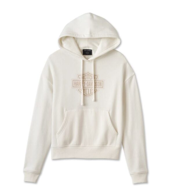 Kuscheliger Harley Davidson Hoodie in weiß mit cremefarbenem Bar & Shield Emblem auf der Vorderseite