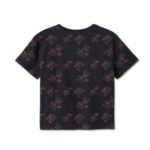 Schwarzes, kurz geschnittenes Harley Davidson Damen Shirt mit Allover Rosen Print.