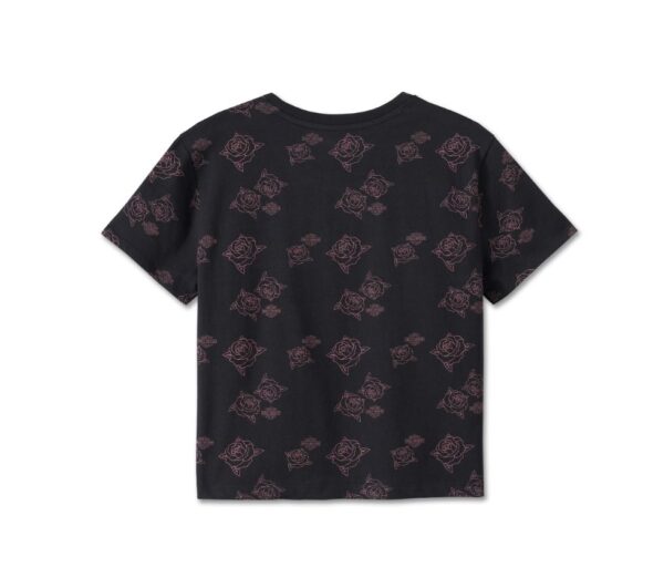 Schwarzes, kurz geschnittenes Harley Davidson Damen Shirt mit Allover Rosen Print.