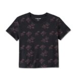 Schwarzes, kurz geschnittenes Harley Davidson Damen Shirt mit Allover Rosen Print.