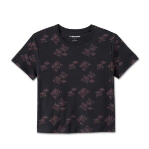 Schwarzes, kurz geschnittenes Harley Davidson Damen Shirt mit Allover Rosen Print.