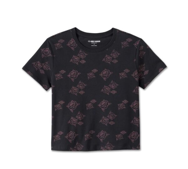 Schwarzes, kurz geschnittenes Harley Davidson Damen Shirt mit Allover Rosen Print.