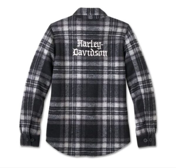Flauschige Harley Davidson Jacke in Dunkelgrau Weiß kariert mit 4 Taschen an der Vorderseite und gesticktem Schriftzug am Rücken