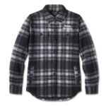 Flauschige Harley Davidson Jacke in Dunkelgrau Weiß kariert mit 4 Taschen an der Vorderseite und gesticktem Schriftzug am Rücken