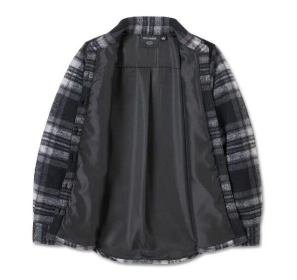 Flauschige Harley Davidson Jacke in Dunkelgrau Weiß kariert mit 4 Taschen an der Vorderseite und gesticktem Schriftzug am Rücken