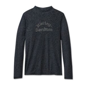 Leichtes Harley Davidson Damen Mesh Langarmshirt in dunkelgrau mit Animal Print und silbernem Harley Davidson Schriftzug an der Vorderseite