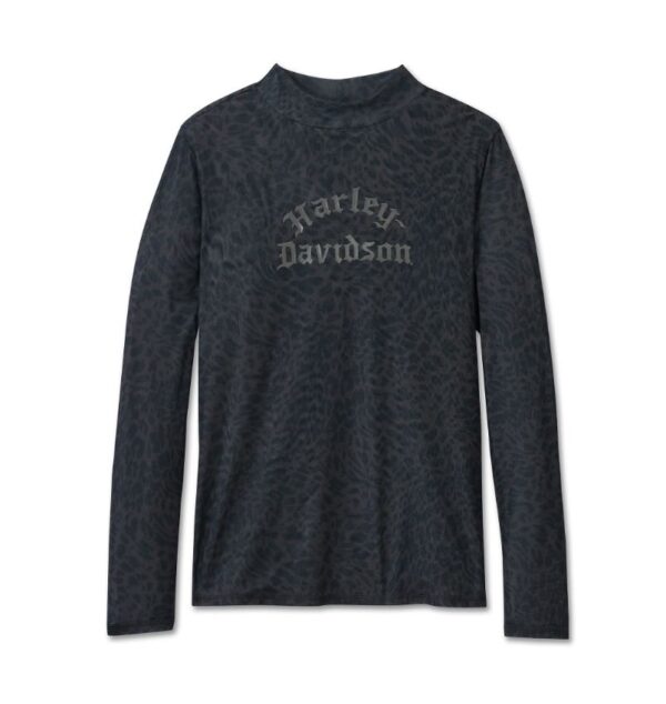 Leichtes Harley Davidson Damen Mesh Langarmshirt in dunkelgrau mit Animal Print und silbernem Harley Davidson Schriftzug an der Vorderseite