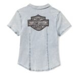 Hellblaue Harley Davidson Jeansbluse mit Reißverschluss vorne und Bar & Shield Emblem auf der Rückseite.