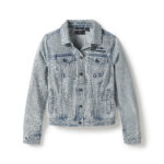 Hellblaue Harley Davidson Damen Jeansjacke mit Taschen an der Vorderseite und einem gestickten Rosenmotiv auf der Rückseite