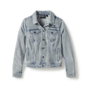 Hellblaue Harley Davidson Damen Jeansjacke mit Taschen an der Vorderseite und einem gestickten Rosenmotiv auf der Rückseite