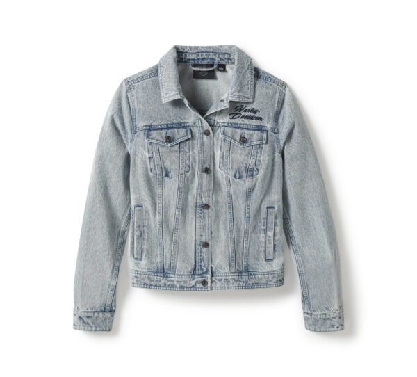 Hellblaue Harley Davidson Damen Jeansjacke mit Taschen an der Vorderseite und einem gestickten Rosenmotiv auf der Rückseite