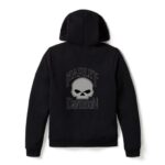 Schwarzer Harley Davidson Damen Hoodie mit Reißverschluss und Taschen vorne und einem Willie G Skull Emblem auf der Rückseite