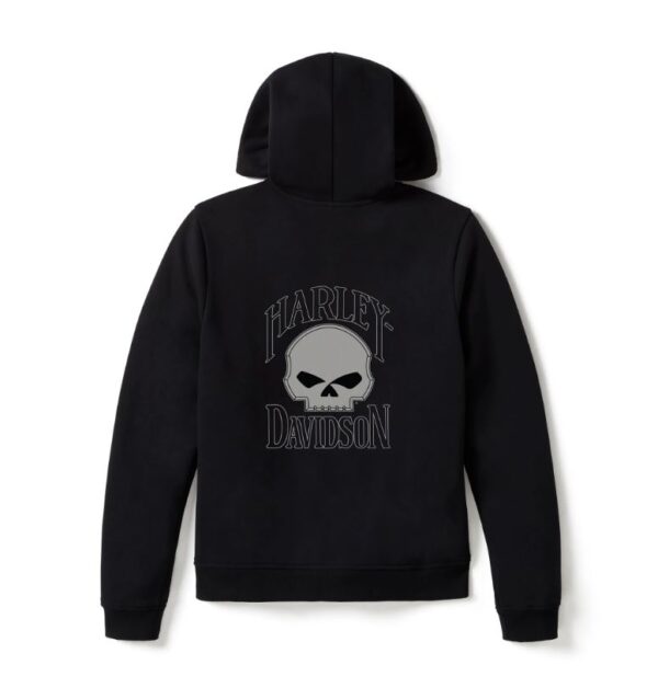 Schwarzer Harley Davidson Damen Hoodie mit Reißverschluss und Taschen vorne und einem Willie G Skull Emblem auf der Rückseite