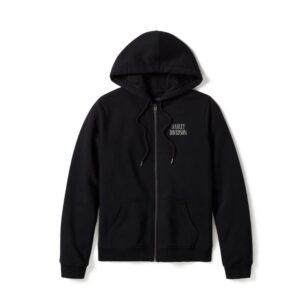 Schwarzer Harley Davidson Damen Hoodie mit Reißverschluss und Taschen vorne und einem Willie G Skull Emblem auf der Rückseite