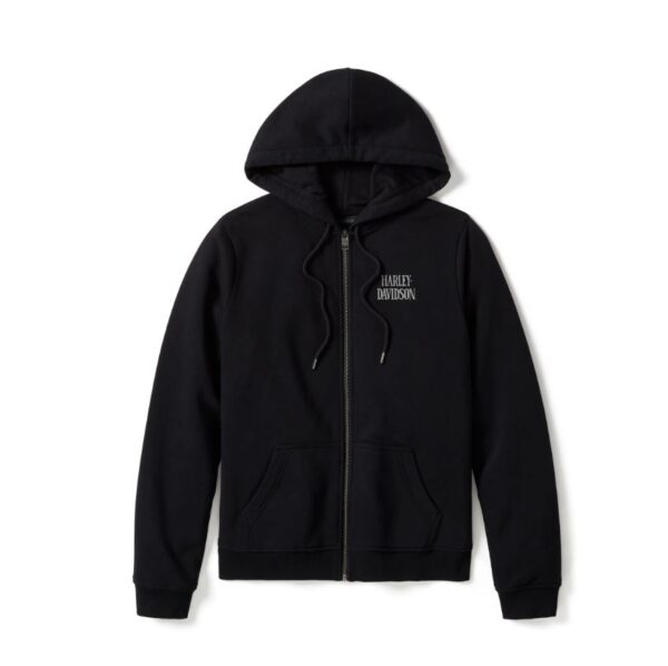 Schwarzer Harley Davidson Damen Hoodie mit Reißverschluss und Taschen vorne und einem Willie G Skull Emblem auf der Rückseite