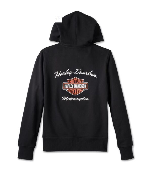 Schwarzer Harley Davidson Damen Hoodie mit Schriftzug auf Vorderseite und Hinterseite sowie ein Bar & Shield Emblem hinten.