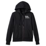 Schwarzer Harley Davidson Damen Hoodie mit Schriftzug auf Vorderseite und Hinterseite sowie ein Bar & Shield Emblem hinten.