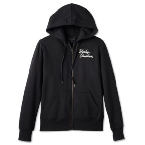 Schwarzer Harley Davidson Damen Hoodie mit Schriftzug auf Vorderseite und Hinterseite sowie ein Bar & Shield Emblem hinten.