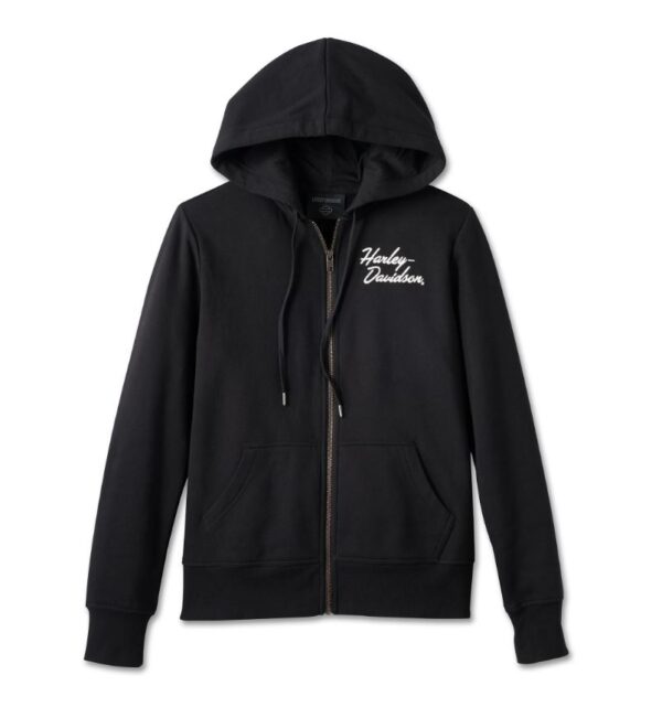 Schwarzer Harley Davidson Damen Hoodie mit Schriftzug auf Vorderseite und Hinterseite sowie ein Bar & Shield Emblem hinten.