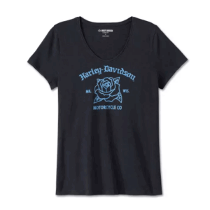 Kurzarmshirt von Harley-Davidson mit blauem Rosenprint vorne