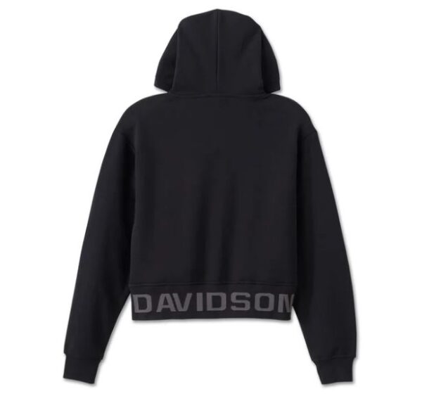 Schwarzer, kurz geschnittener Harley Davidson Hoodie mit Reißverschluss und Taschen vorne und Schriftzug an der Unterseite