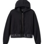 Schwarzer, kurz geschnittener Harley Davidson Hoodie mit Reißverschluss und Taschen vorne und Schriftzug an der Unterseite