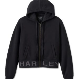 Schwarzer, kurz geschnittener Harley Davidson Hoodie mit Reißverschluss und Taschen vorne und Schriftzug an der Unterseite