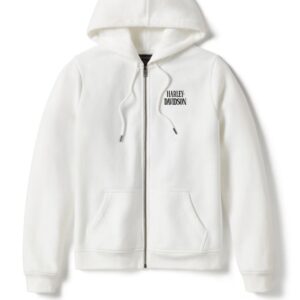 Harley Davidson Damen Hoodie in weiß mit Reißverschluss und Taschen vorne und Skull Stickerei auf der Rückseite