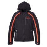 3 in 1 Softshell Harley Davidson Jacke in schwarz und orange mit Bar & Shield Logo auf der Rückseite, Reißverschluss und Taschen vorne und herausnehmbarem Hoodie in schwarz