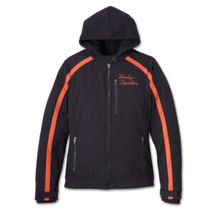 3 in 1 Softshell Harley Davidson Jacke in schwarz und orange mit Bar & Shield Logo auf der Rückseite, Reißverschluss und Taschen vorne und herausnehmbarem Hoodie in schwarz
