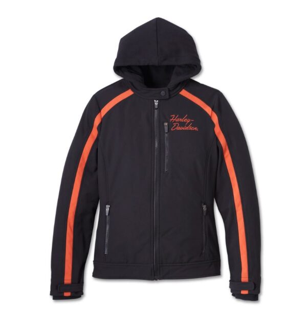 3 in 1 Softshell Harley Davidson Jacke in schwarz und orange mit Bar & Shield Logo auf der Rückseite, Reißverschluss und Taschen vorne und herausnehmbarem Hoodie in schwarz