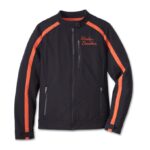3 in 1 Softshell Harley Davidson Jacke in schwarz und orange mit Bar & Shield Logo auf der Rückseite, Reißverschluss und Taschen vorne und herausnehmbarem Hoodie in schwarz