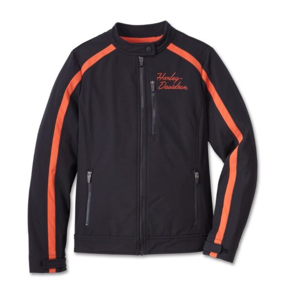 3 in 1 Softshell Harley Davidson Jacke in schwarz und orange mit Bar & Shield Logo auf der Rückseite, Reißverschluss und Taschen vorne und herausnehmbarem Hoodie in schwarz