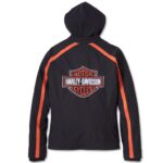 3 in 1 Softshell Harley Davidson Jacke in schwarz und orange mit Bar & Shield Logo auf der Rückseite, Reißverschluss und Taschen vorne und herausnehmbarem Hoodie in schwarz