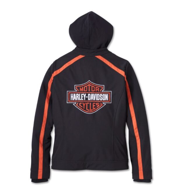 3 in 1 Softshell Harley Davidson Jacke in schwarz und orange mit Bar & Shield Logo auf der Rückseite, Reißverschluss und Taschen vorne und herausnehmbarem Hoodie in schwarz