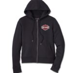 3 in 1 Softshell Harley Davidson Jacke in schwarz und orange mit Bar & Shield Logo auf der Rückseite, Reißverschluss und Taschen vorne und herausnehmbarem Hoodie in schwarz