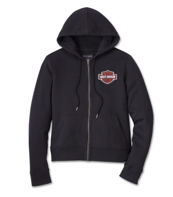 3 in 1 Softshell Harley Davidson Jacke in schwarz und orange mit Bar & Shield Logo auf der Rückseite, Reißverschluss und Taschen vorne und herausnehmbarem Hoodie in schwarz