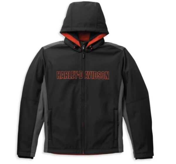 Softshelljacke von Harley-Davidson schwarz mit oranger Schrift