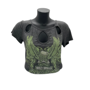 graues Kurzarmshirt mit grünem Harley Glitzerschriftzug