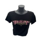 Kurzarmshirt schwarz mit violettem Harley Glitzerschriftzug an der Front