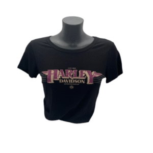 Kurzarmshirt schwarz mit violettem Harley Glitzerschriftzug an der Front