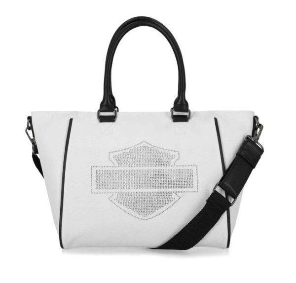 weiße große Damenhandtasche mit Glitzer Harley-Davidson Zeichen