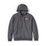 grauer Herrenhoodie von Harley-Davidson mit weiß-orangem Harley-Zeichen am Rücken
