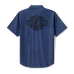 blaues kurzarm Jeansshirt mit großem Harley Zeichen am Rücken
