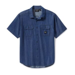 blaues kurzarm Jeansshirt mit großem Harley Zeichen am Rücken