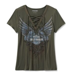 Harley-Davidson Damen-T-Shirt Bling Dark Angel mit kurzen Ärmeln und Schnürung vorne 96632-25VW